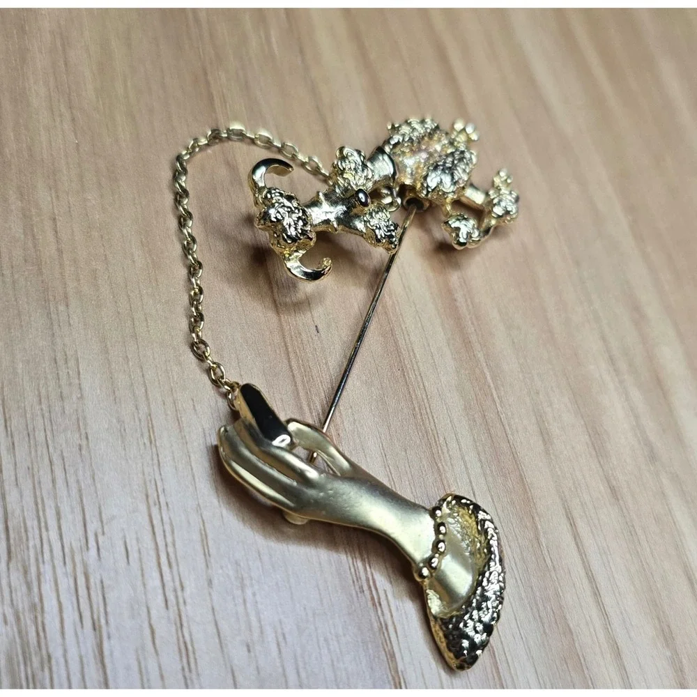 Vintage AJC Brooch Pin Hand Poodle Leash Chain Fi-Fi Walk the Dog Dinner Jewelry